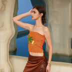 Damen bauchfreies Stricktop mit tropischem Motiv R&B