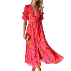 Damen Maxikleid mit Blumenmuster und V-Ausschnitt R&B