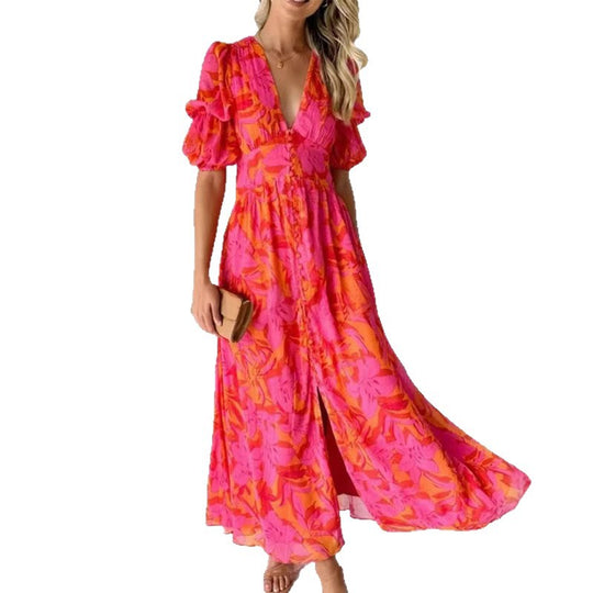 Damen Maxikleid mit Blumenmuster und V-Ausschnitt R&B