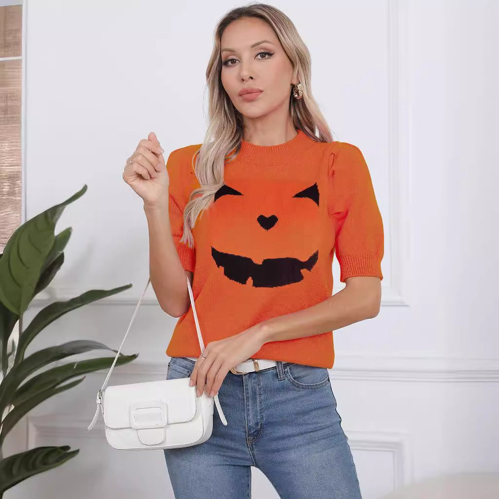 Damen Kurzarm-Pullover mit lässigem Kürbis-Motiv R&B