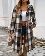 Damen Karomuster Longjacke mit Kapuze