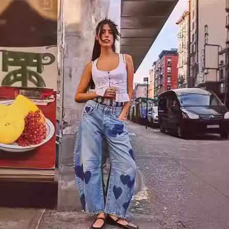 Damen weite Jeans mit Herzen-Details und entspanntem Schnitt R&B