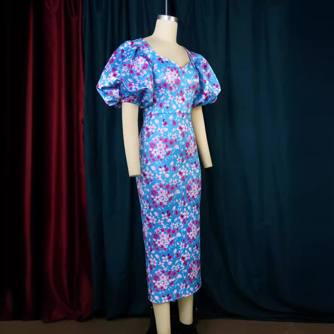 Damen Elegantes Kleid mit voluminösen Puffärmeln und floralem Muster R&B