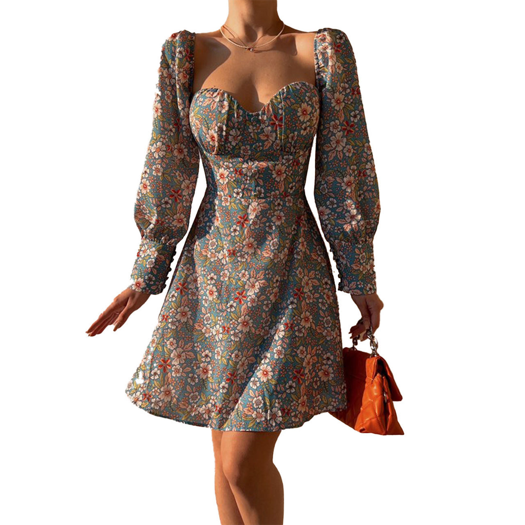 Damen Puffärmel Kleid mit romantischem Blumenmuster und herzförmigem Ausschnitt R&B