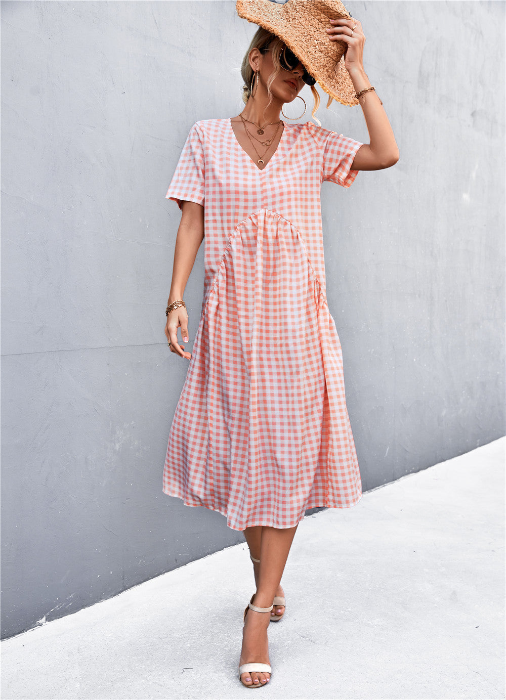 Damen V-Ausschnitt Midikleid mit kariertem Design und ausgestelltem Rock R&B