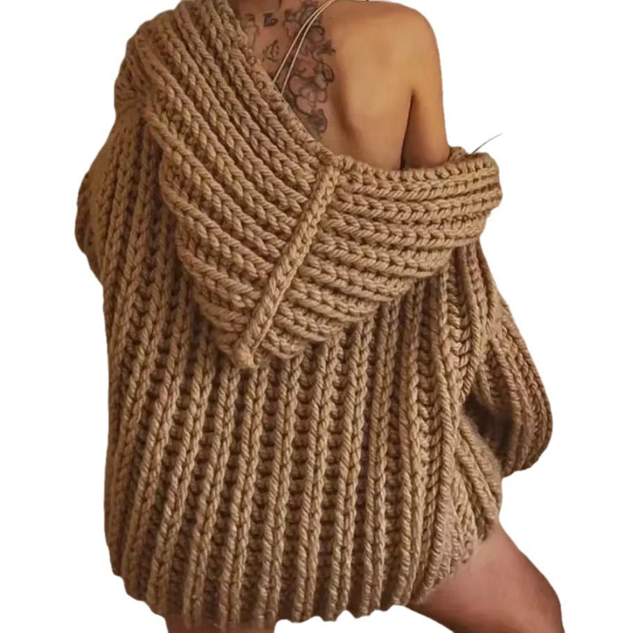 Damen Grobstrick-Hoodiejacke mit oversized Passform und tiefem Kragen R&B