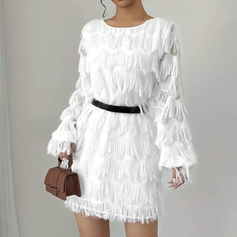 Damen Kleid mit Wellenmuster und voluminösen Fransen R&B