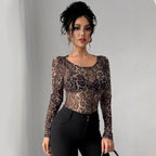 Damen Transparente Langarm-Bluse mit Leopardenmuster R&B