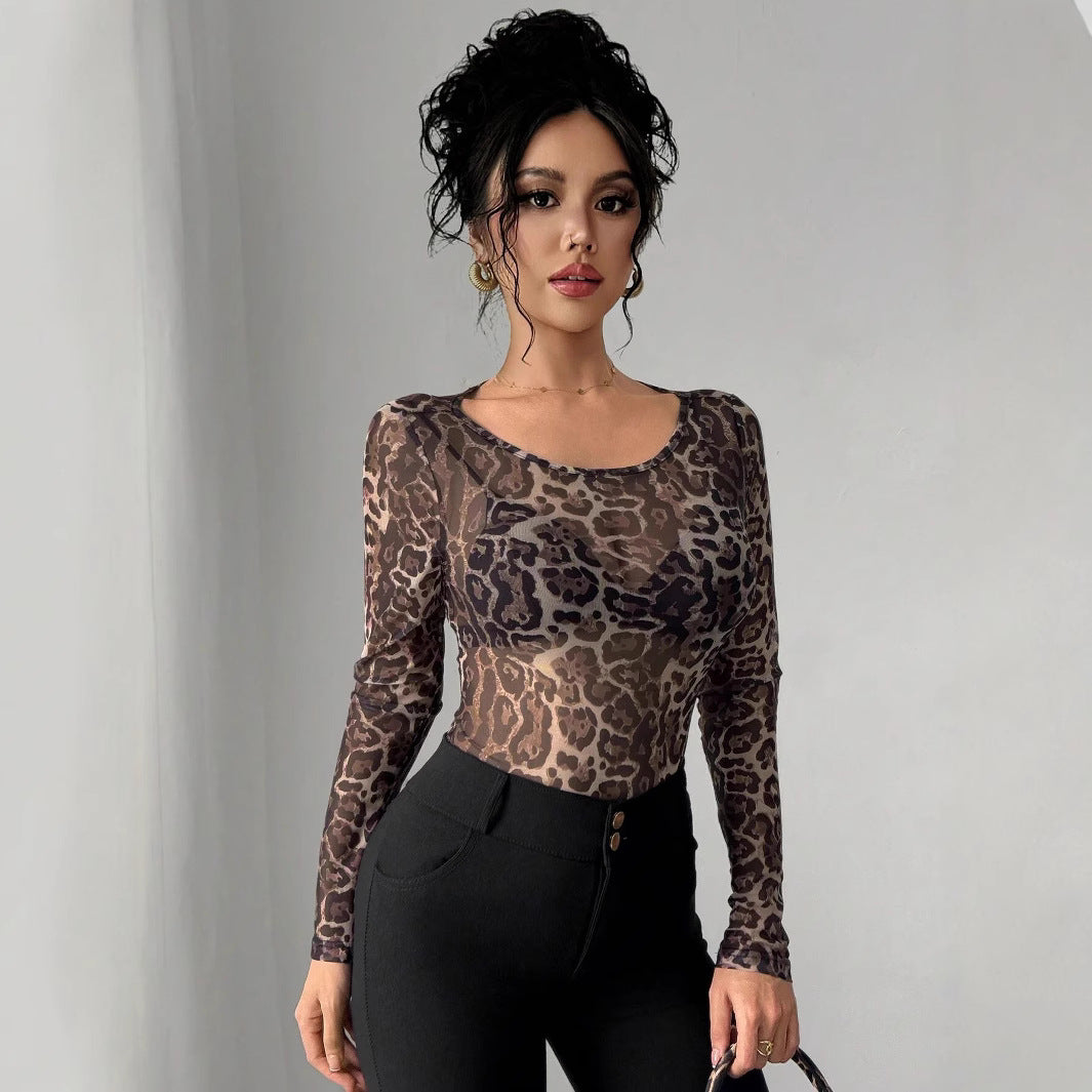 Damen Transparente Langarm-Bluse mit Leopardenmuster R&B