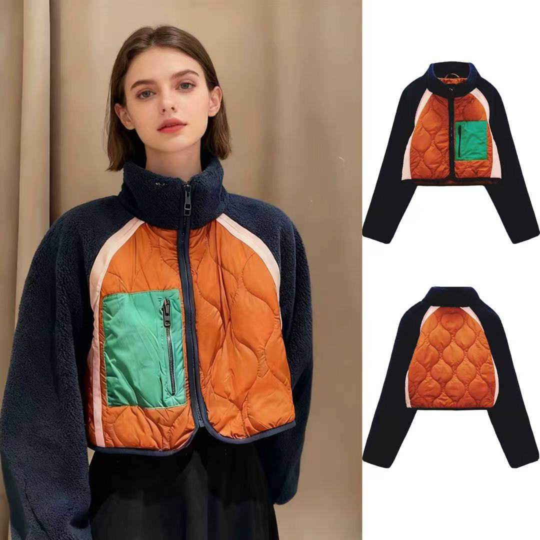 Damen nan kurz geschnittene gesteppte Fleecejacke mit Stehkragen, Raglanärmeln und Reißverschlusstasche R&B