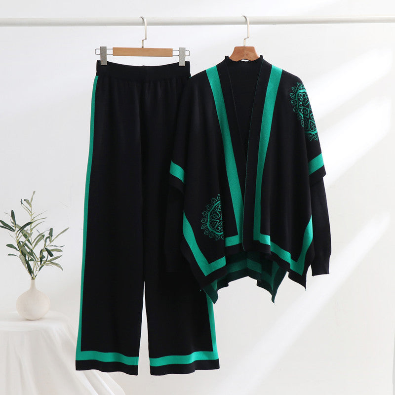 Damen elegantes Strick-Loungewear-Set mit grafischem Muster und weiten Ärmeln R&B
