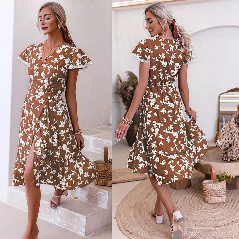 Damen Maxikleid mit floralem Motiv und hohem Schlitz R&B