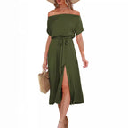 Damen Off-Shoulder Maxikleid mit Taillengürtel und seitlichem Schlitz R&B