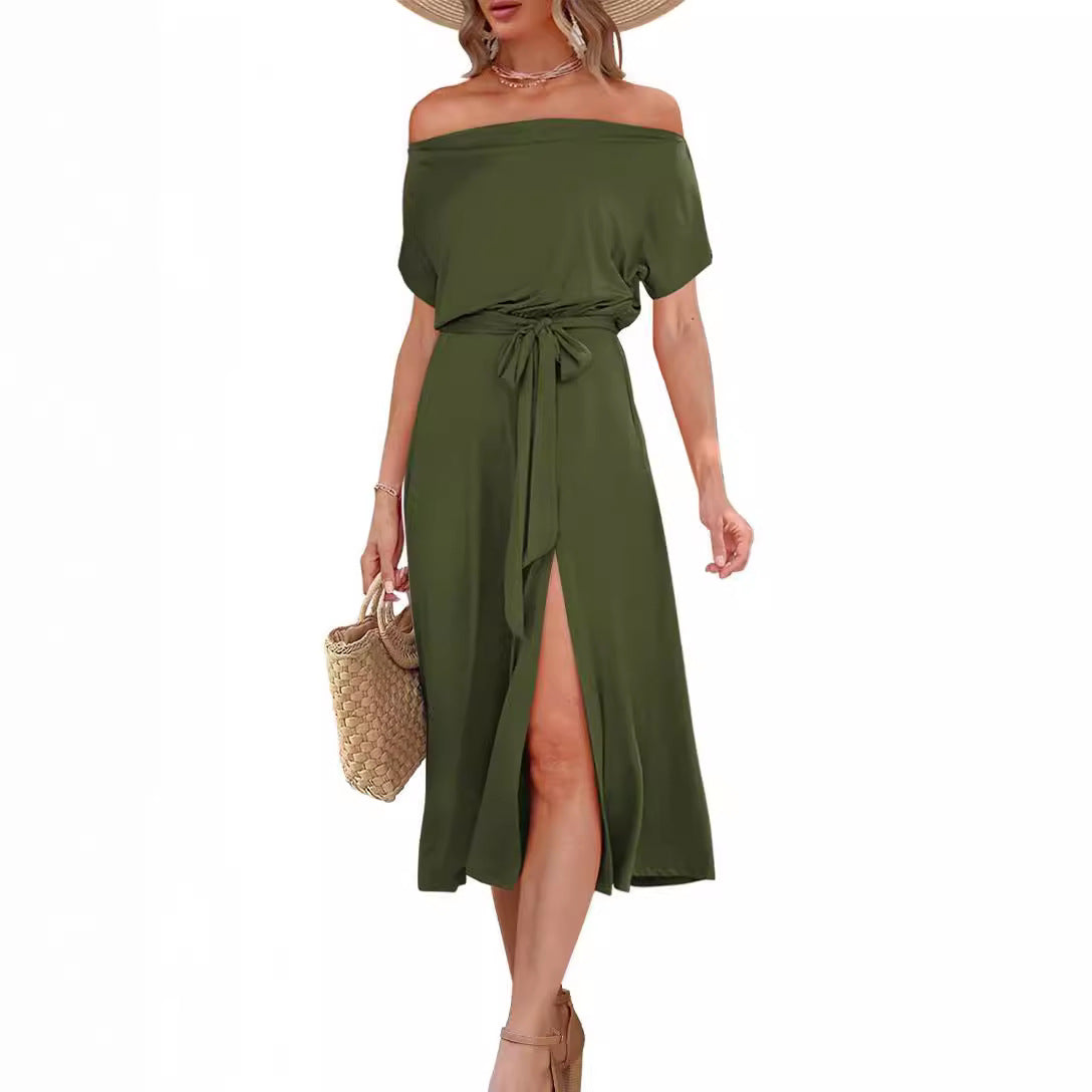 Damen Off-Shoulder Maxikleid mit Taillengürtel und seitlichem Schlitz R&B