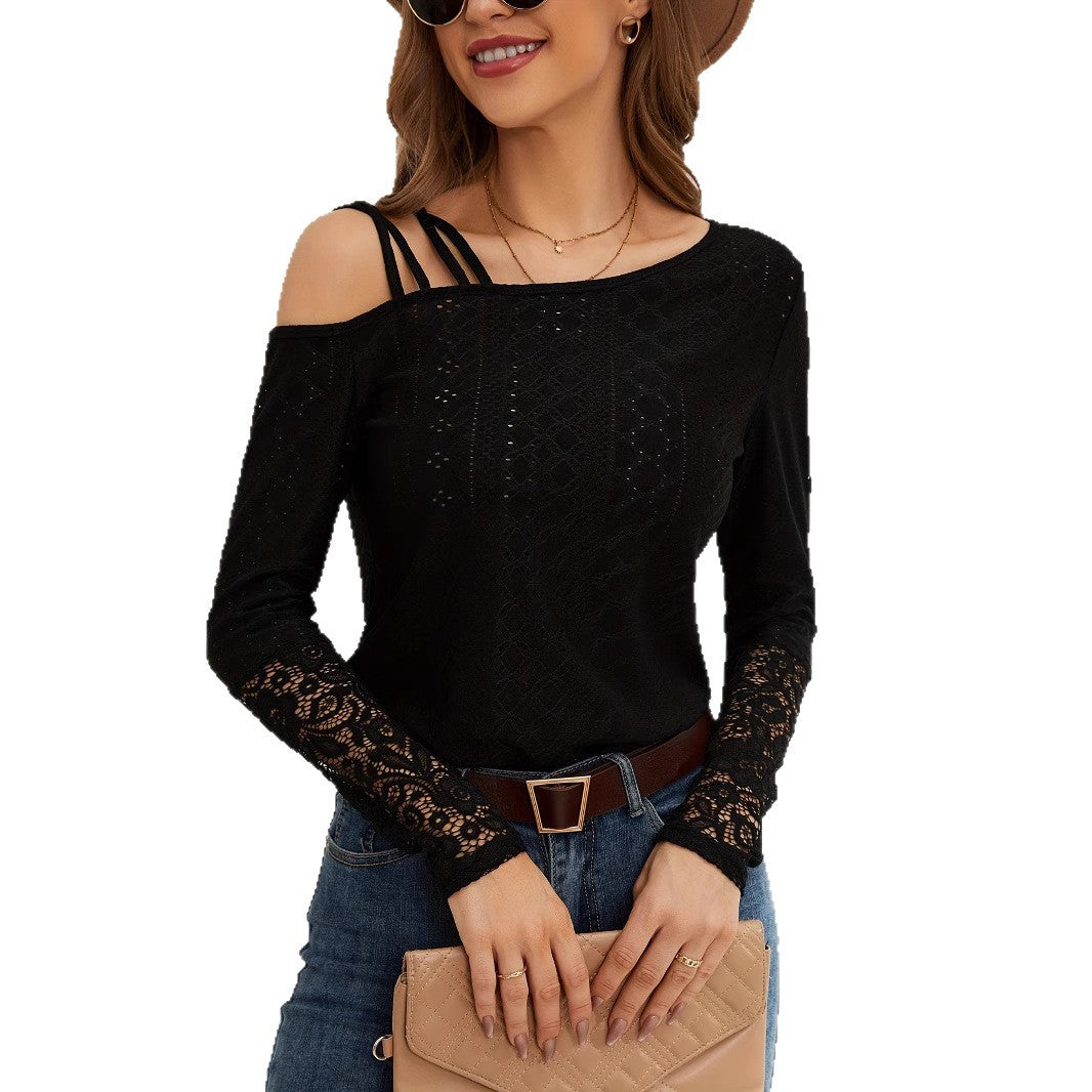 Damen Off-Shoulder Oberteil mit Spitzenbesatz und Trägerdesign R&B