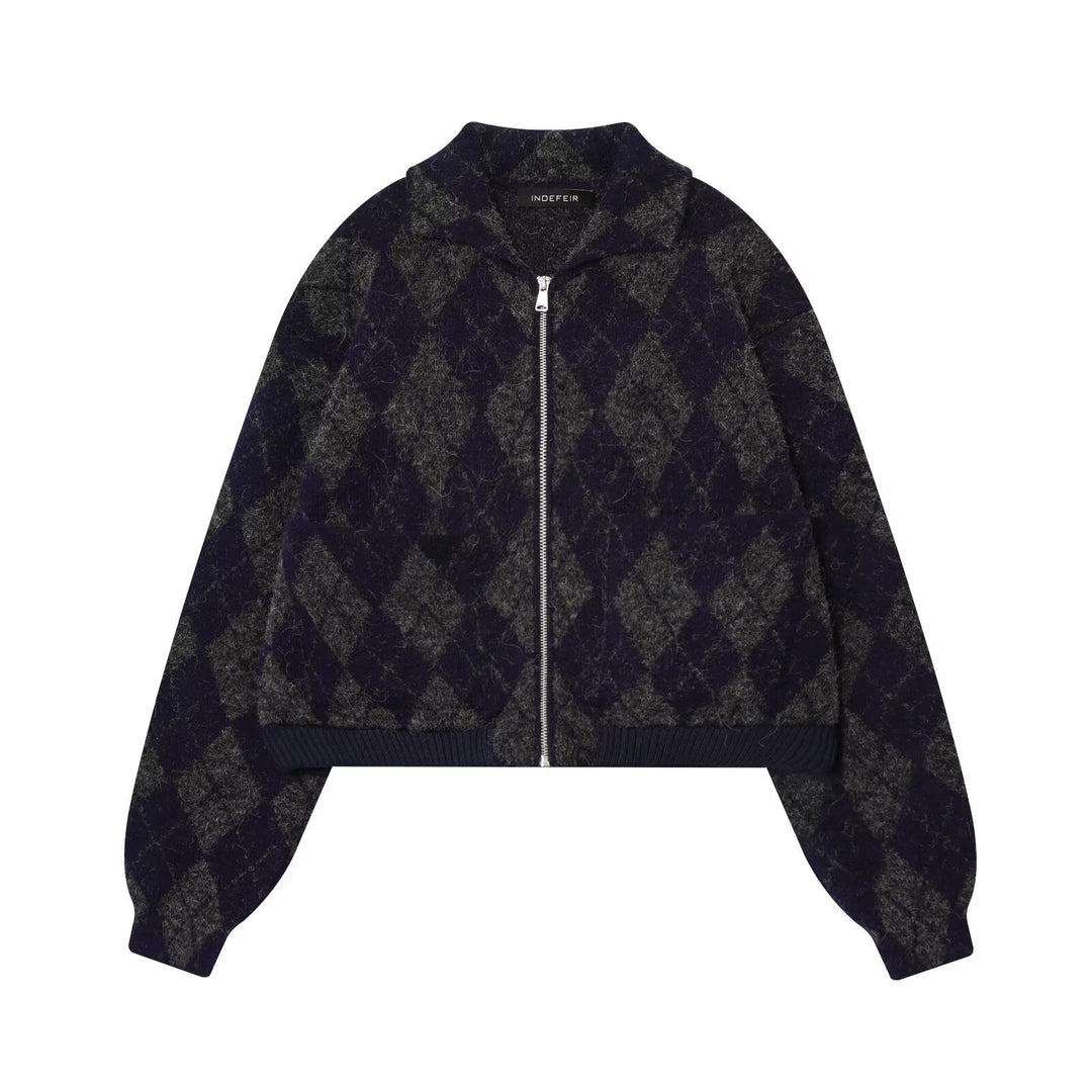Damen modische Karojacke mit hohem Kragen und Reißverschluss R&B