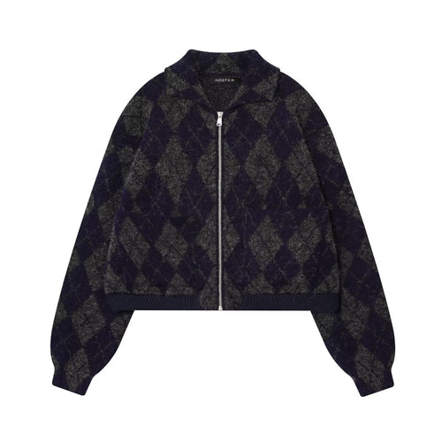 Damen modische Karojacke mit hohem Kragen und Reißverschluss R&B