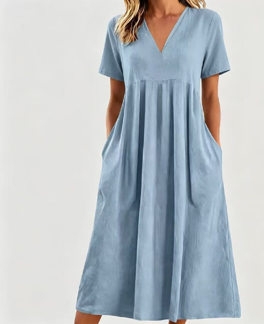 Damen nan legeres V-Ausschnitt-Midikleid mit Eingrifftaschen und geraffter Empirenaht R&B