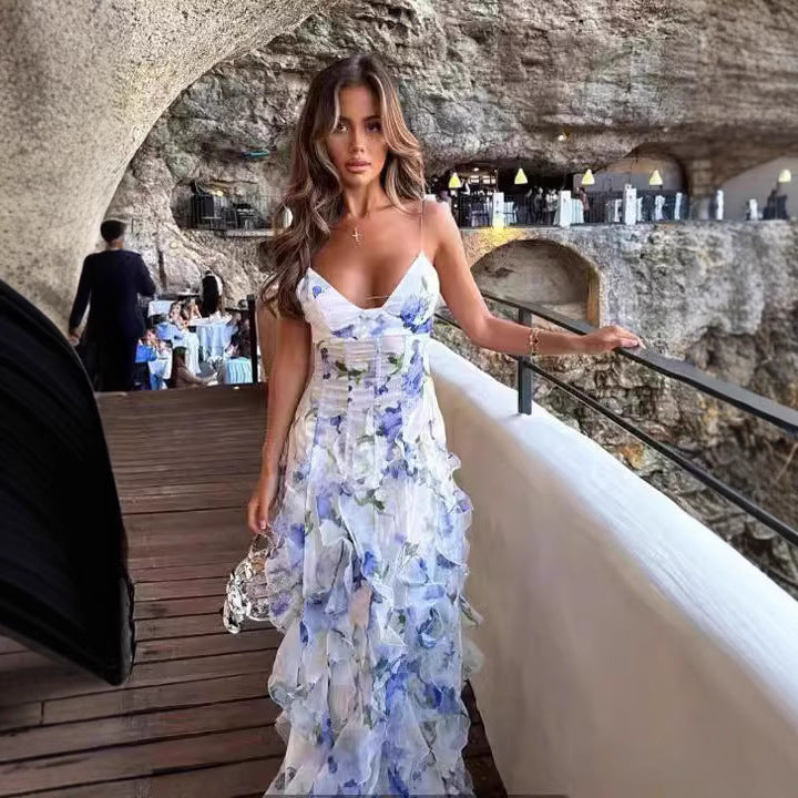 Damen Fließendes Chiffon Maxikleid mit Rüschendetails und floralen Akzenten EB