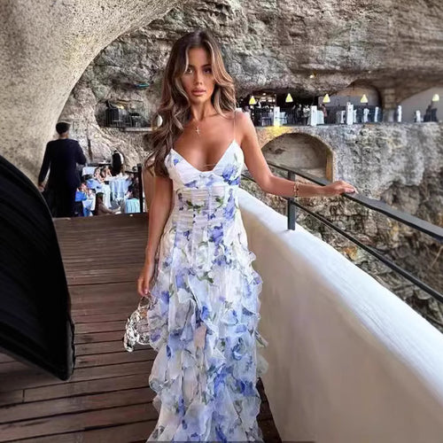 Damen Fließendes Chiffon Maxikleid mit Rüschendetails und floralen Akzenten R&B