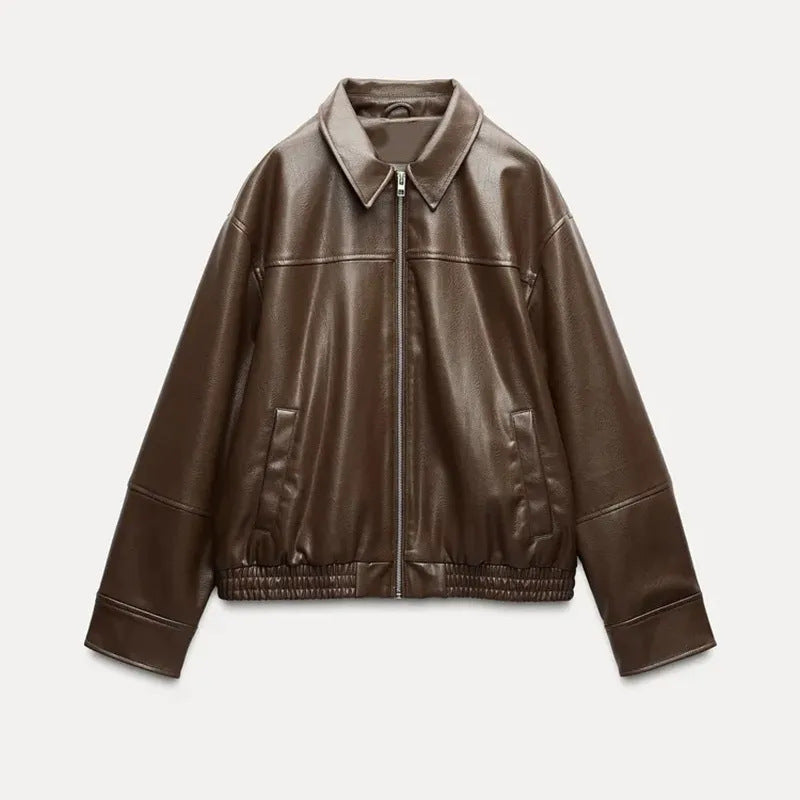 Damen modische Kunstlederjacke mit elastischem Bund R&B
