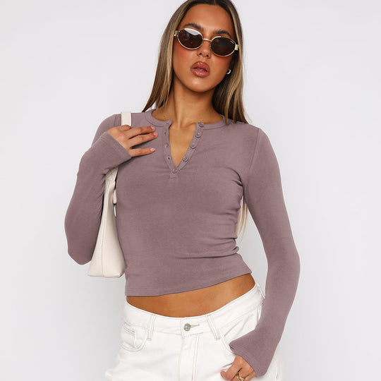 Damen Langarmshirt mit Knopfdetails und figurbetontem Schnitt R&B