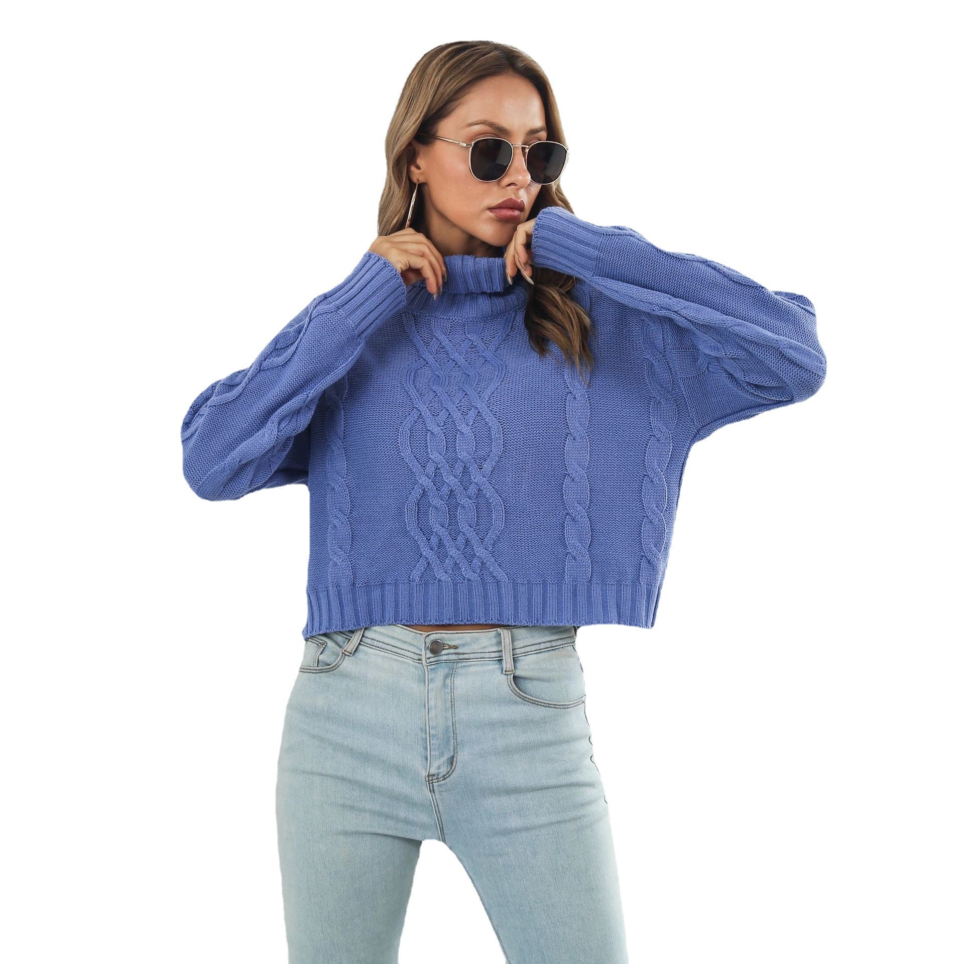 Damen Grobstrickpullover mit hohem Rollkragen und romantischem Zopfmuster R&B