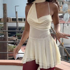Damen elegantes asymmetrisches Mini-Kleid mit dekorativem Schulterband und fließendem Saum R&B
