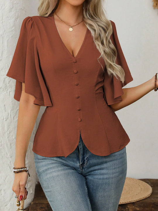 Damen elegante Bluse mit Glockenärmeln und Knopfdetail R&B