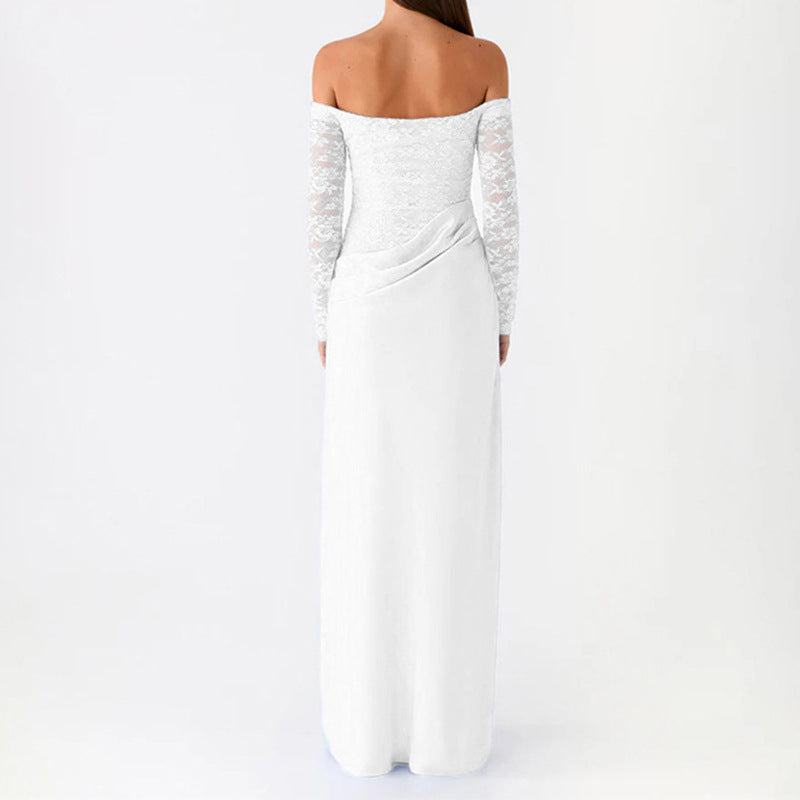 Damen Elegantes Hochzeitskleid mit schulterfreiem Ausschnitt und Spitzenärmeln R&B