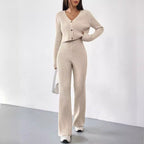 Damen Strick-Ensemble mit V-Ausschnitt und weitem Bein
