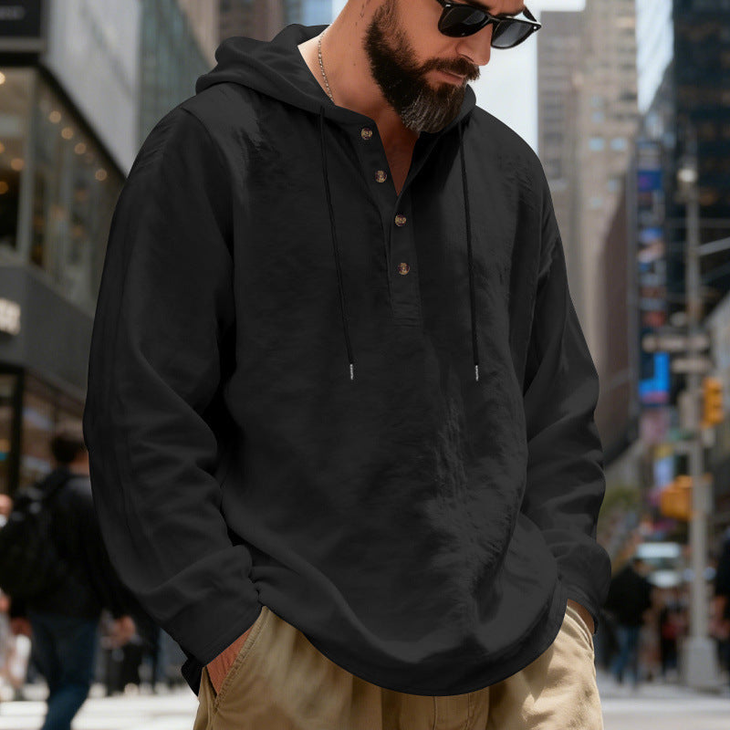 Herren nan leichter Kapuzenshirt mit Knopfleiste aus Leinenmischung und entspanntem Schnitt R&B