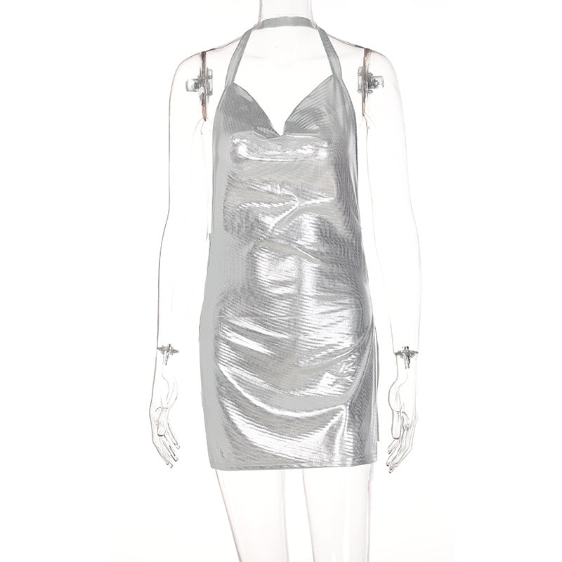 Damen glänzendes Minikleid im lässigen Chic-Stil mit Halternack R&B