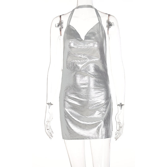 Damen glänzendes Minikleid im lässigen Chic-Stil mit Halternack R&B