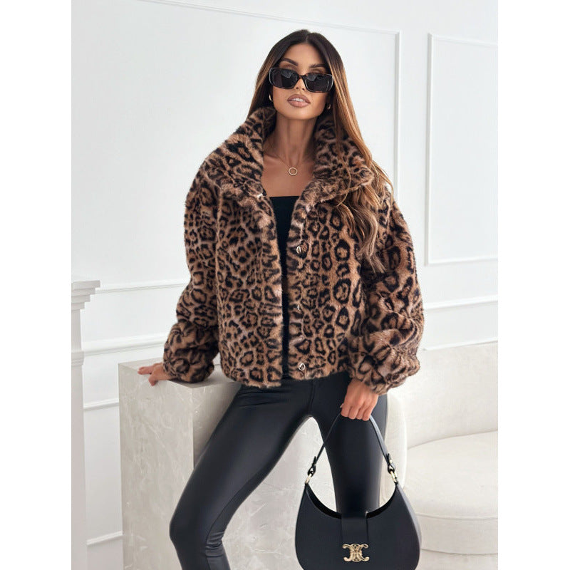 Damen Kunstpelz Leopardenmuster Jacke