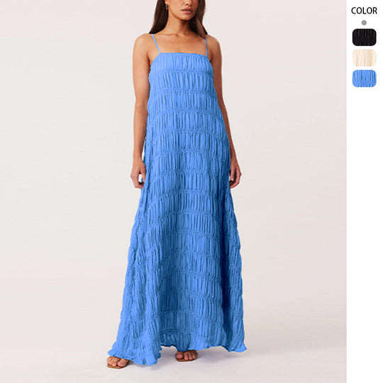 Damen Maxikleid mit romantischem Faltenstruktur und zarten Spaghettiträgern R&B