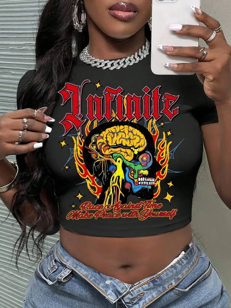 Damen Crop-Top mit künstlerischem Statement-Druck R&B