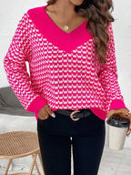Damen Strickpullover mit V-Ausschnitt und modernem Karomuster R&B