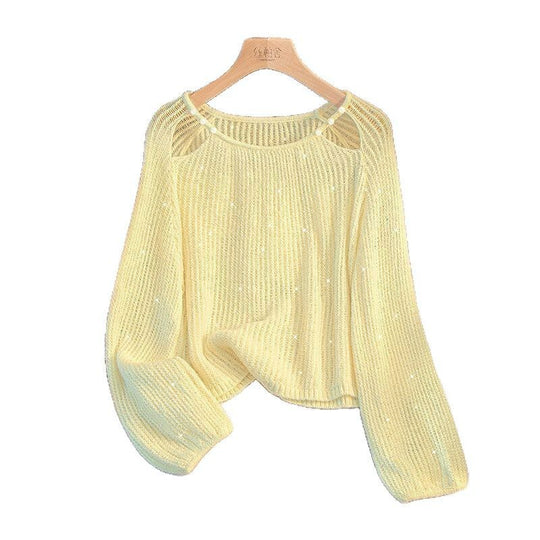 Damen lässiger Pullover mit Off-Shoulder Design und funkelnden Details R&B