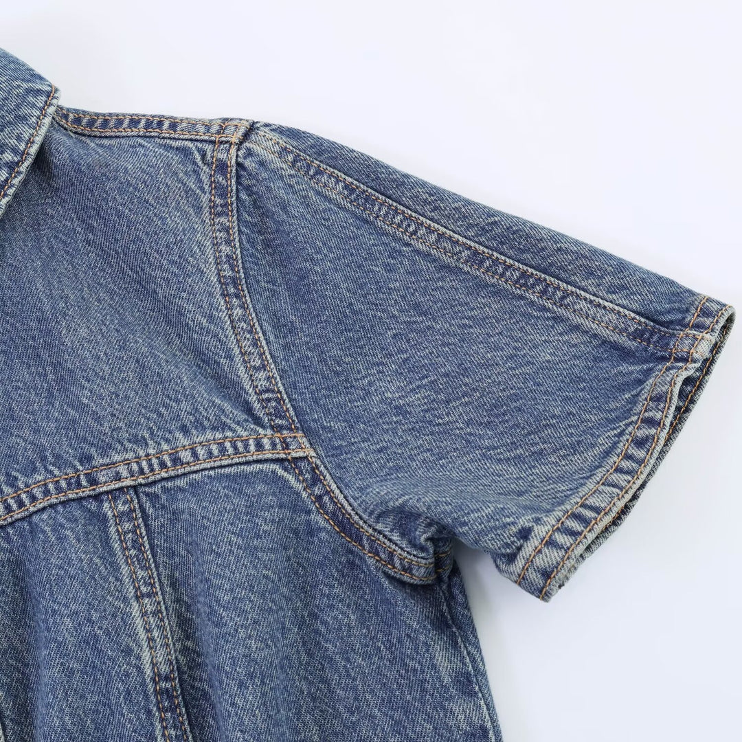 Damen Jeanskleid mit Taillengürtel und Kurzarm R&B