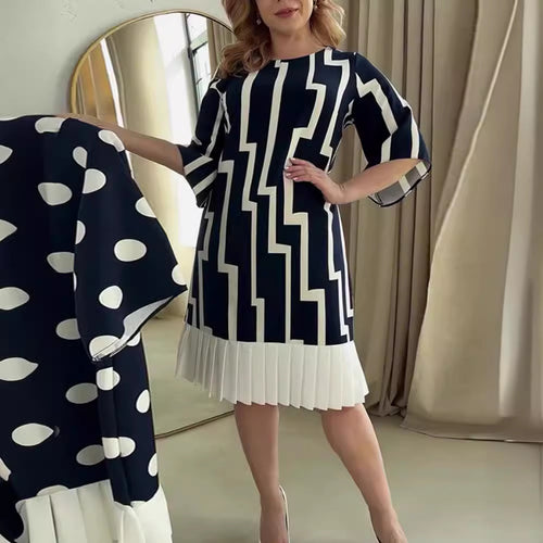 Damen nan grafisches A-Linienkleid mit plissiertem Saum und dreiviertelärmeln R&B