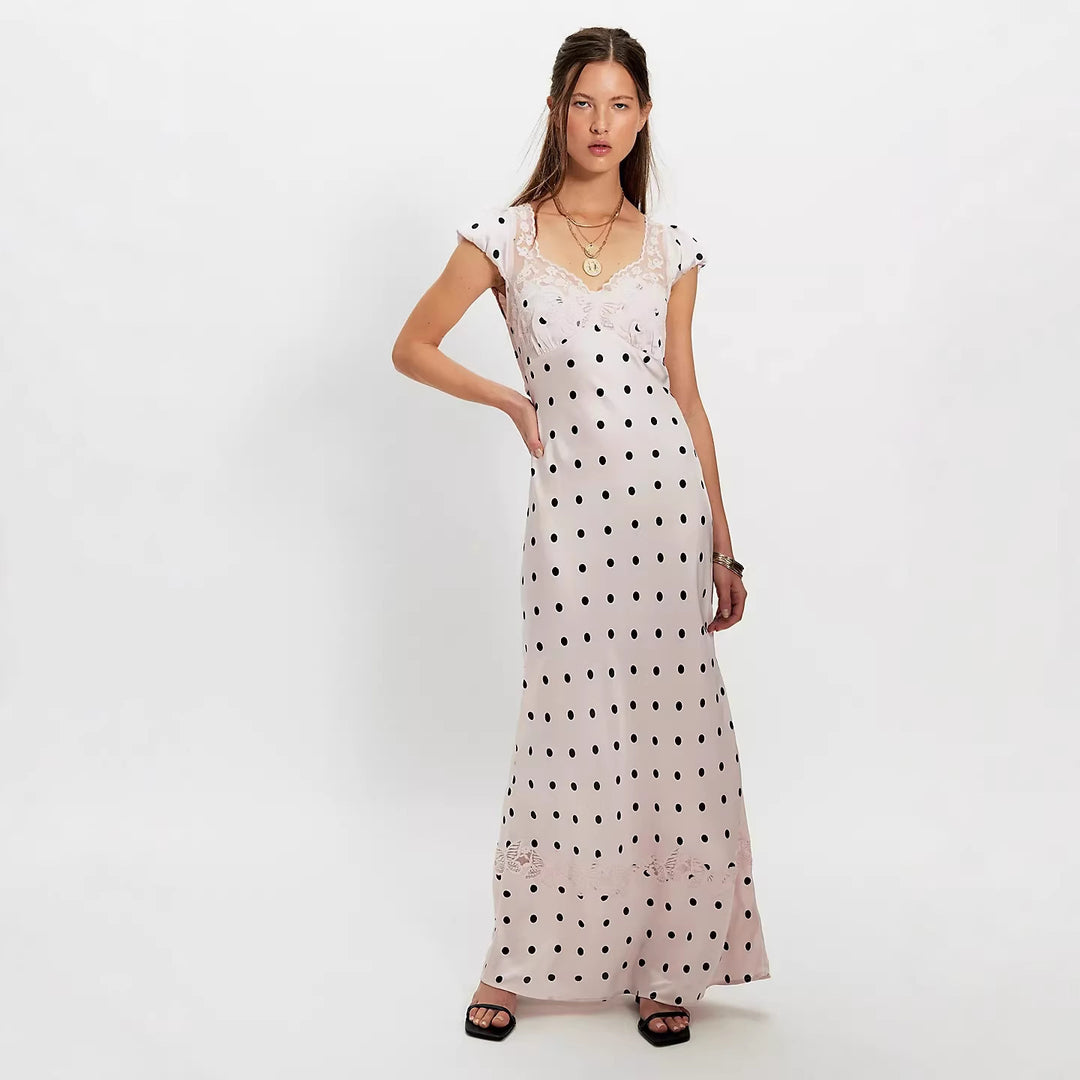 Damen Elegantes Maxikleid mit Polka-Dots und romantischem Rückenausschnitt R&B