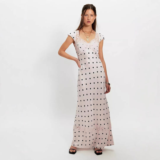 Damen Elegantes Maxikleid mit Polka-Dots und romantischem Rückenausschnitt R&B