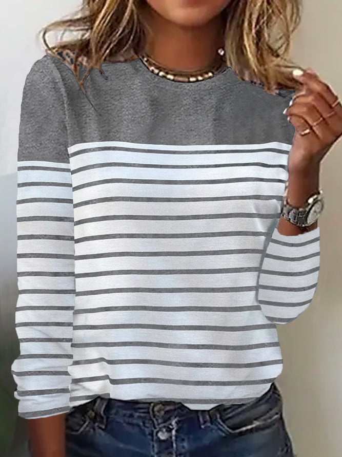 Damen Lässiges Rundhals Longsleeve mit Streifenmuster R&B