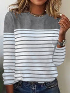 Damen Lässiges Rundhals Longsleeve mit Streifenmuster R&B