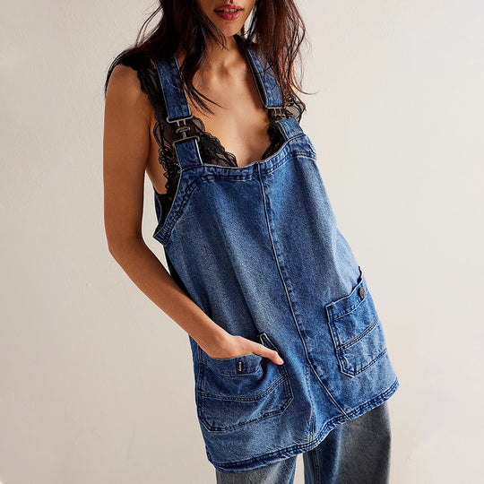 Damen Jeanslatzhängerkleid mit verstellbaren Trägern und praktischen Taschen R&B