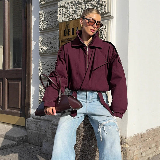 Damen oversized Übergangsjacke mit hohem Kragen und Bindegürtel R&B