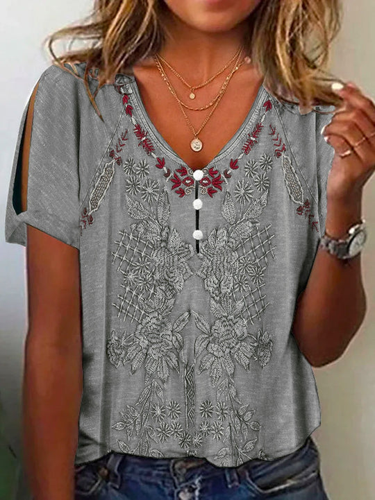 Damen Kurzarmbluse mit floralen Stickereien und Knopfdetails R&B