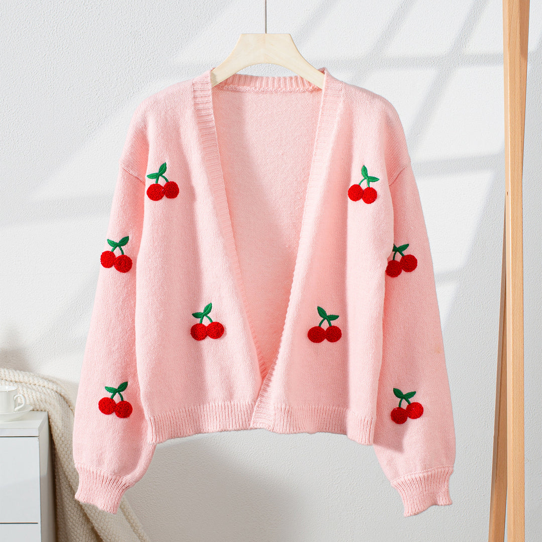 Damen kuschelige Strickjacke mit kirschmotivierten Applikationen R&B