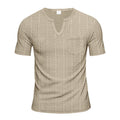Herren nan Kurzarmshirt mit geschlitztem V-Ausschnitt strukturierter Leinenoptik und aufgesetzter Brusttasche R&B